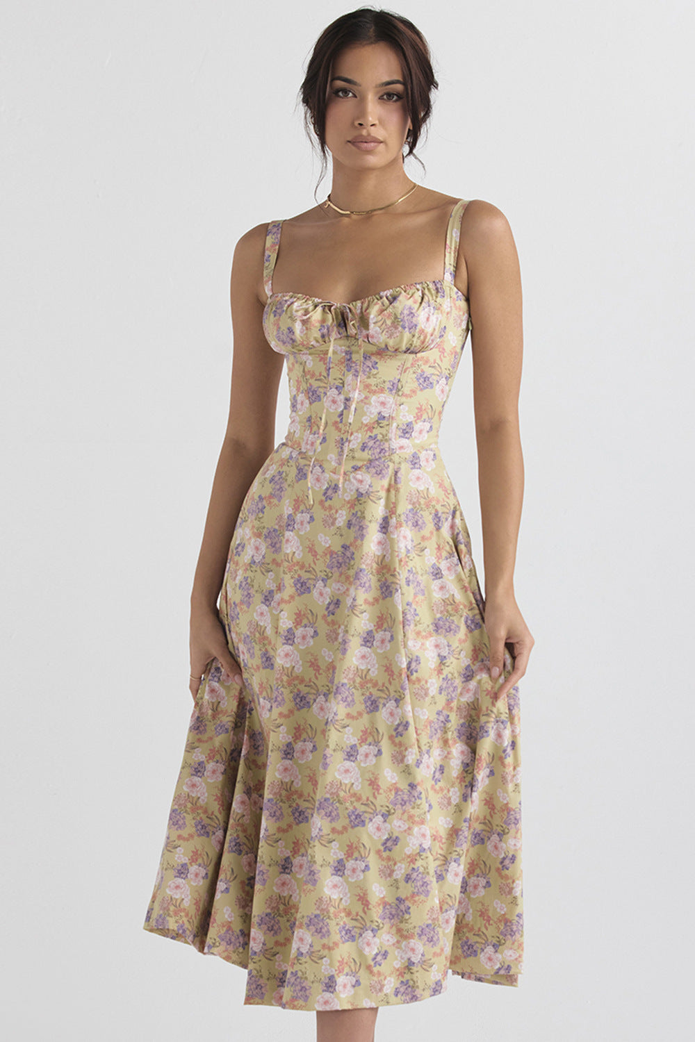 Women's Floral Milkmaid Midi Dress With Straps - Yellow Purple White - Summer Dresses - Carvan Mart