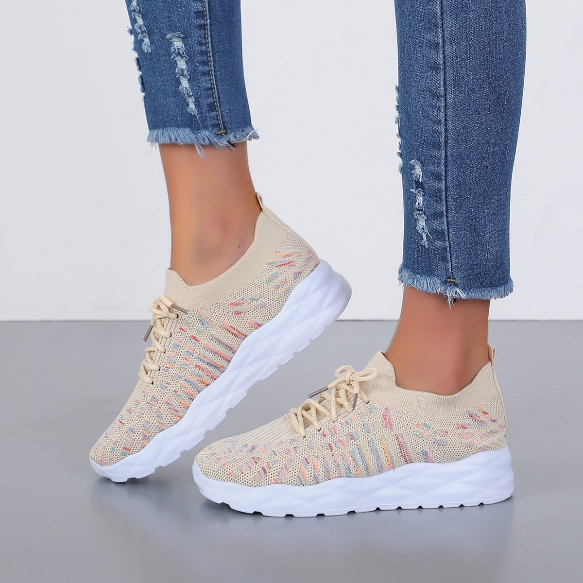 Summer Fashion Sports and Leisure Women's Pumps - Large Size Flying Woven Mesh Sneakers - Beige - Women's Shoes - Carvan Mart