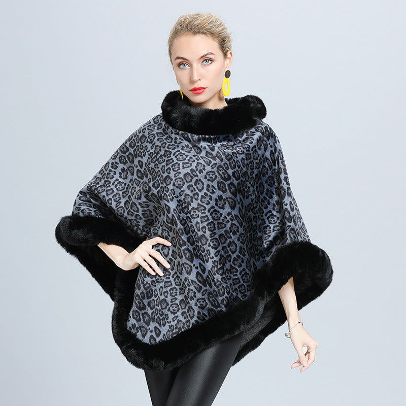 Women's Cloak Printed Fur Collar Pullover Shawl - Black One Size - Women's Coats & Jackets - Carvan Mart