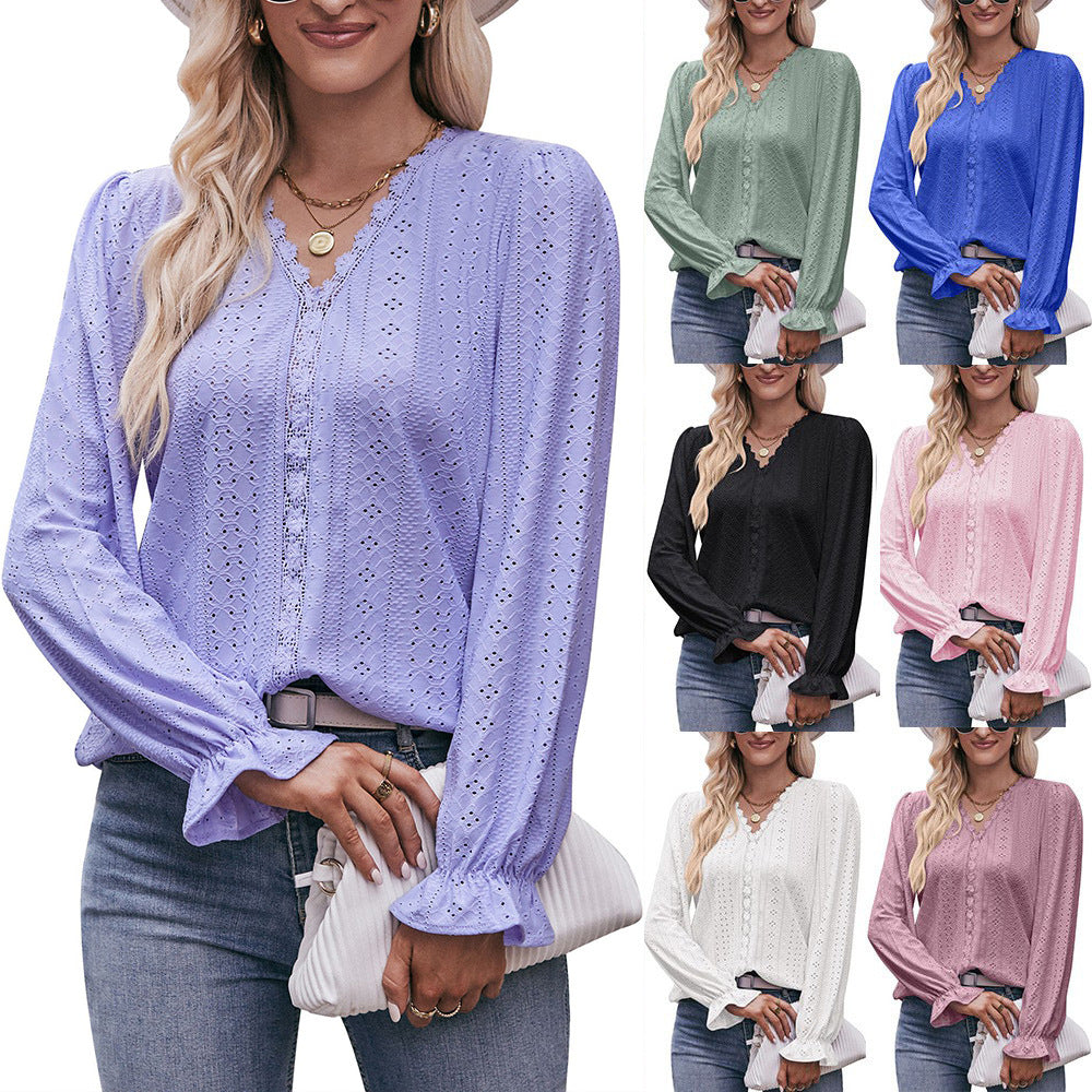 Fashion Lace V-neck Long Sleeve Top - Carvan Mart