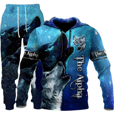 3D Wolf Print Tracksuit Men Sportswear Hooded Sweatsuit Two Piece Outdoors Running Fitness Mens Clothing Jogging Set - Set thour - Men Suits & Sets - Carvan Mart