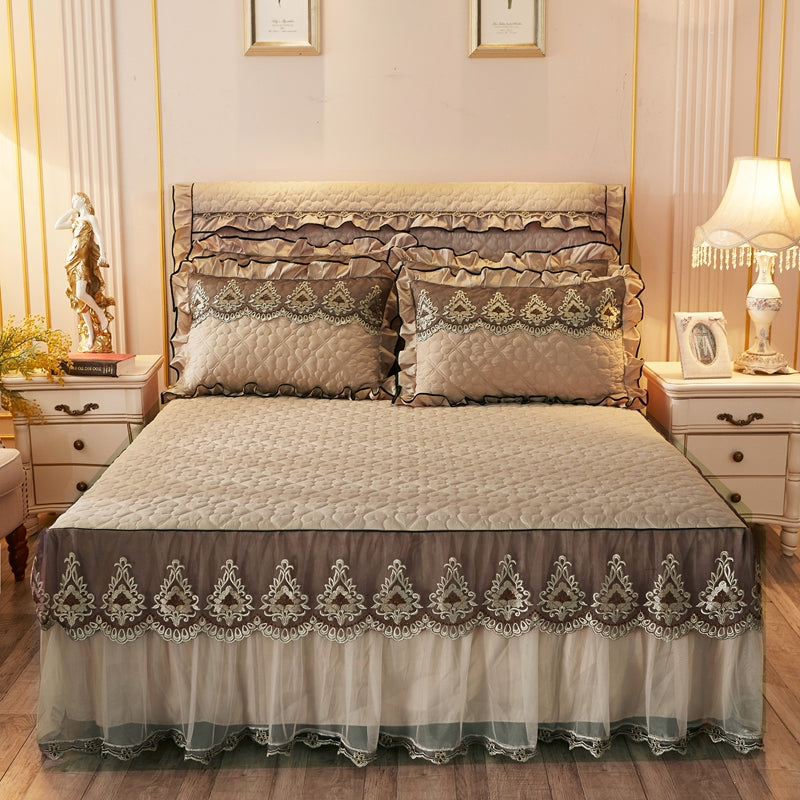 Quilted Lace Bed Skirt Bed Liner - Light Sha Man Dance Khaki - Bedding Sets - Carvan Mart