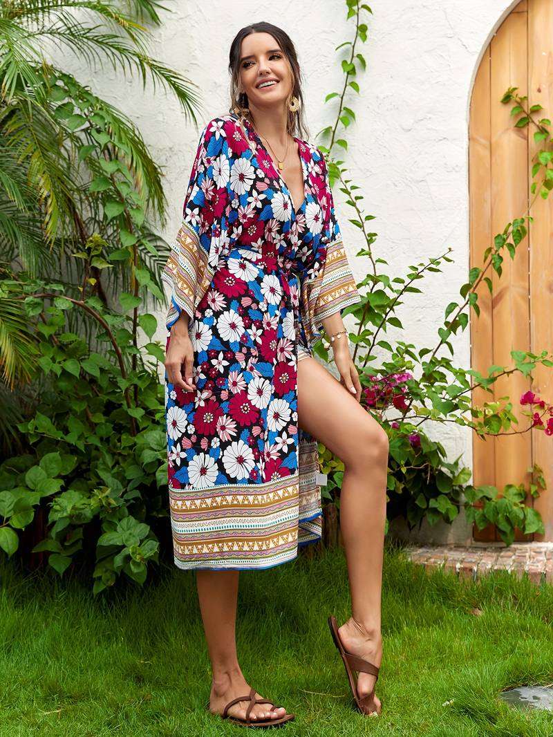 Bohemian Beach Dress Cover Up For Beach Floral Print Kimono Women Dress - Carvan Mart