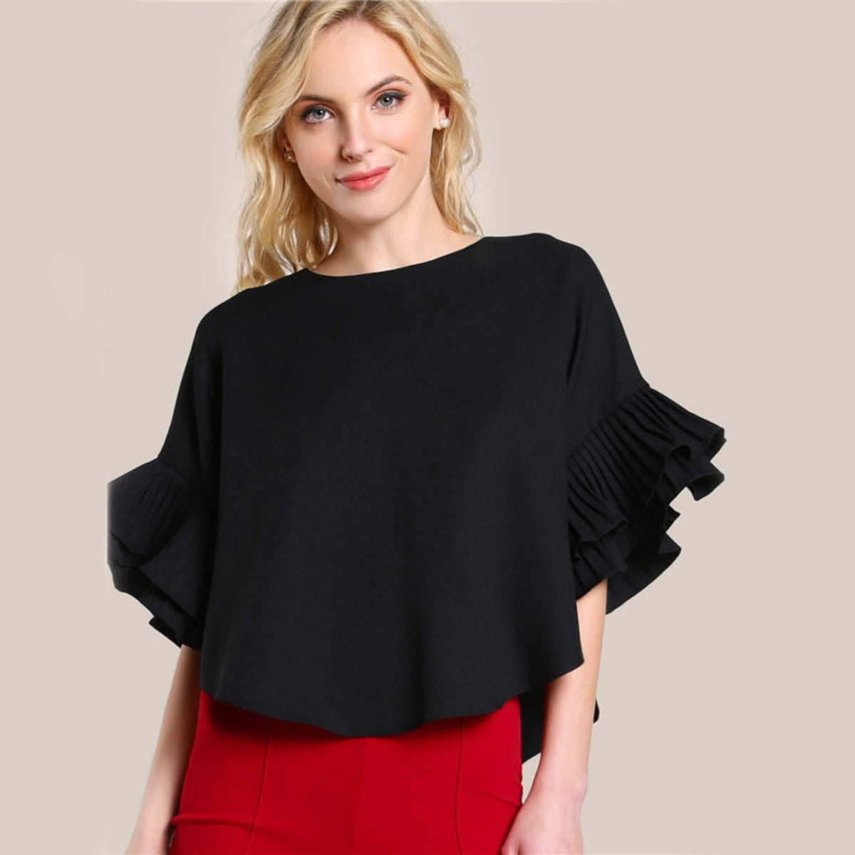 Layered Ruffle Blouses Double Layer Bell Sleeve Short Chic T-shirt - Carvan Mart