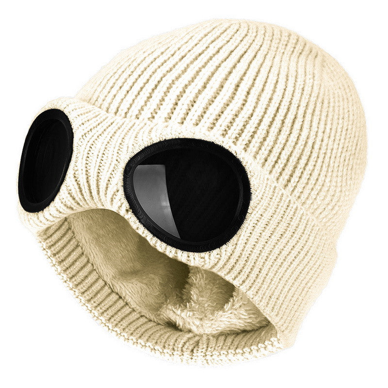 Warm Knitted Woolen Hats With Windproof Glasses For Men And Women Ear Protection Cap - Carvan Mart