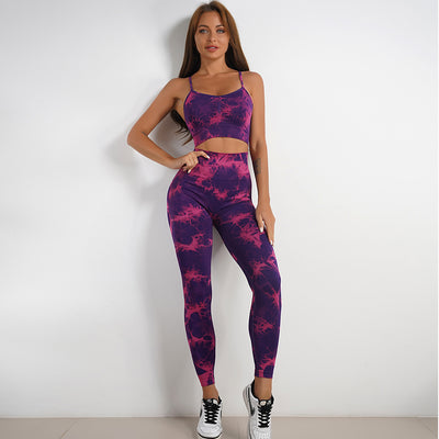 Women's Tie-dye Print Yoga Suit Fitness Sports High Waist Suit - Carvan Mart