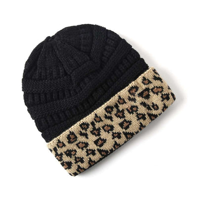 Beanie Women's Warm Leopard Print Knitted Hat - Black One Size - Women's Hats & Caps - Carvan Mart