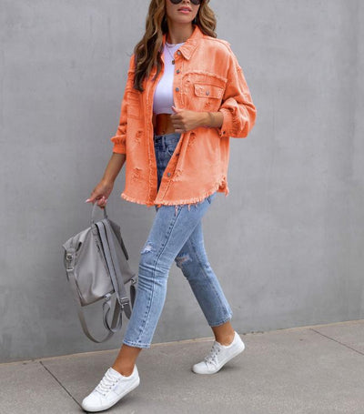 Women's Oversized Frayed Lightweight Denim Jacket Button Down Ripped Distressed Jean Shacket - Carvan Mart