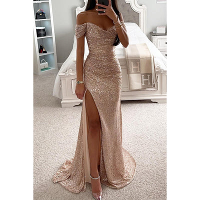 Off-Shoulder Sequin Evening Gown with High Slit - Elegant Formal Dresses - Champagne - Evening Dresses - Carvan Mart