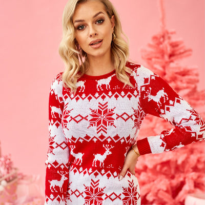 Women's Elk Snowflake Brocade Sweater Female Dress - - Sweaters - Carvan Mart