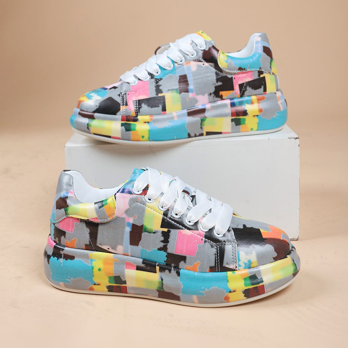 Hand-Painted Women's Cartoon Graffiti Sneakers - Vibrant Casual Shoes - Gray - Women's Shoes - Carvan Mart