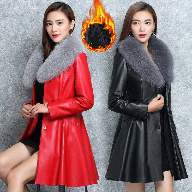 Women's Faux Fox Fur Collar Coat Leather Parka Coat - - Leather & Suede - Carvan Mart