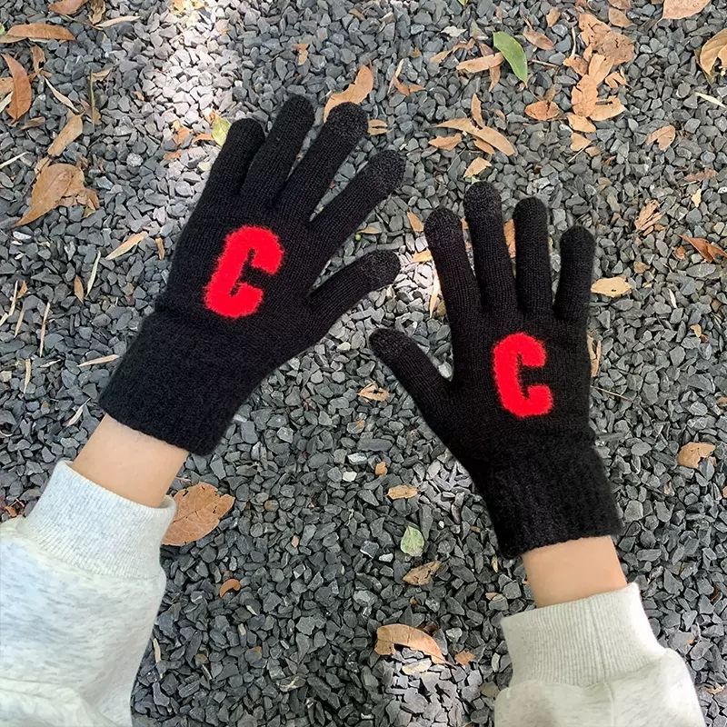 Candy Color Letter C Thick Cute Wool Knitted Warm Gloves - Black - Women Gloves & Mittens - Carvan Mart