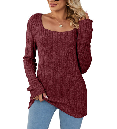 Square Collar Sunken Stripe Brushed Women's Casual Long Sleeve - Wine Red - Winter Tops - Carvan Mart