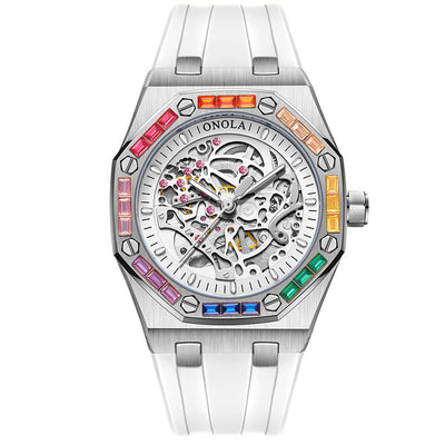 Men's Silicone Band Rainbow Diamond Automatic Mechanical Watch - Silver White - Men's Watches - Carvan Mart