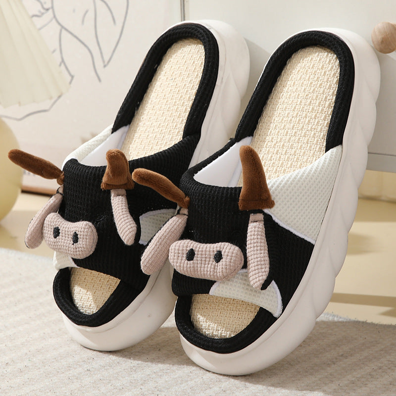 Cute Cartoon Cow Frog Slippers Linen Non-slip Shoes Indoor Garden Home Slippers - Carvan Mart Ltd
