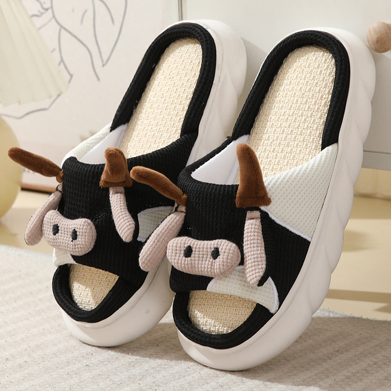 Cute Cartoon Cow Frog Slippers Linen Non-slip Shoes Indoor Garden Home Slippers - Black Cow - Women's Slippers - Carvan Mart