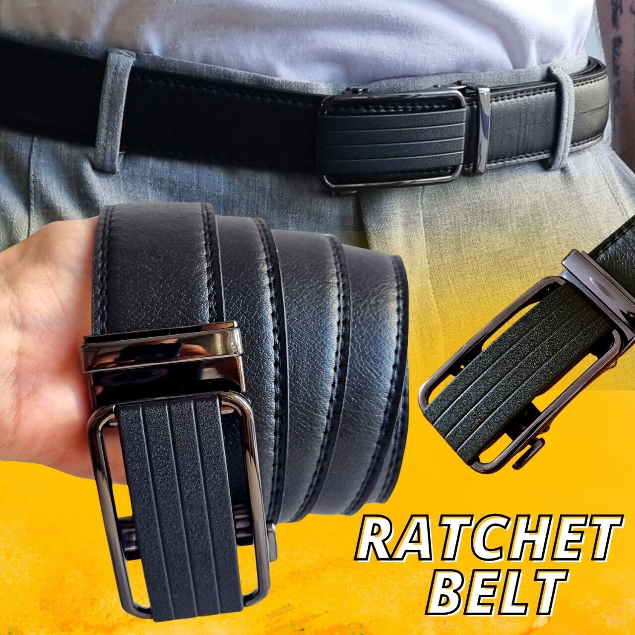 Microfiber Leather Mens Ratchet Belt Belts For Men Adjustable Size, Slide Buckle - - Men's Belts - Carvan Mart