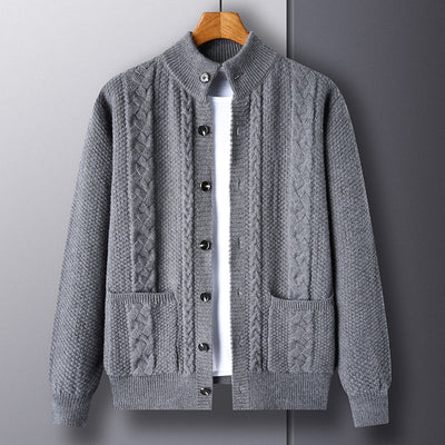 Thick Knit Cardigan Retro Jacquard Loose-fitting Sweater Jacket - Medium Gray - Men's Sweaters - Carvan Mart