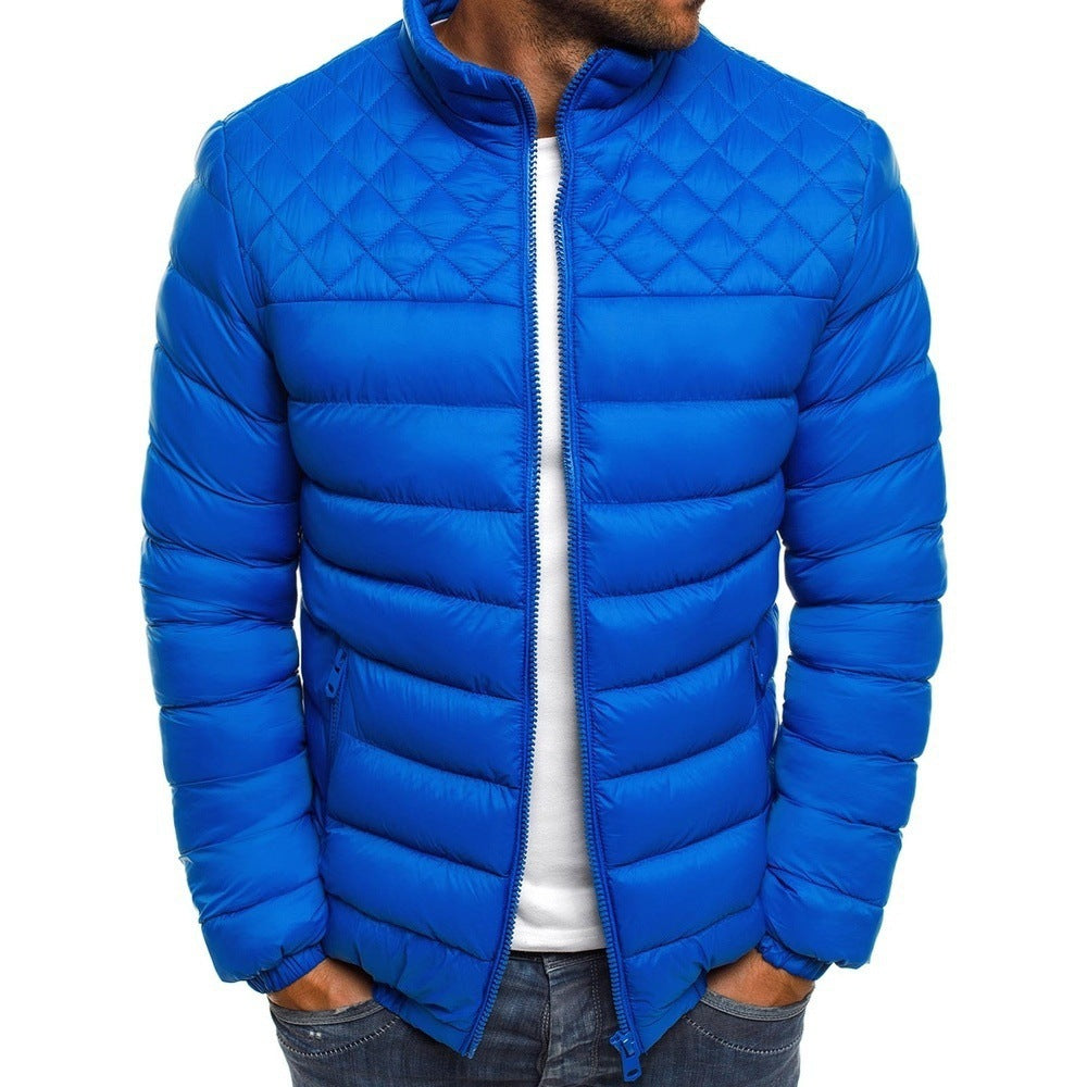 Men's Coat Winter Solid Color Stand Collar Jacket Fashion Rhombus Sewing Design Coat Casual Business - Carvan Mart Ltd