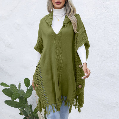 Stylish Women's Knitted Poncho Sweater - Fringe Hooded Pullover - Army Green Free Size - Sweaters - Carvan Mart