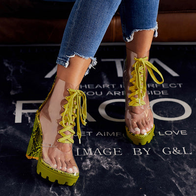 Women PVC Sandals Round Toe Ankle Lace Up Platform High Heel Boots - - High Heels - Carvan Mart