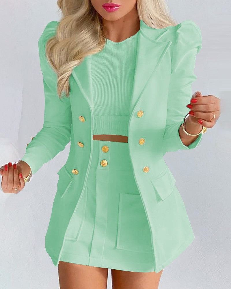 Blazers Two-piece Set, Casual Fashion Solid Loose Long Sleeve Blazers & Mini Skirt, Women's Clothing - Light Green - Suits & Sets - Carvan Mart