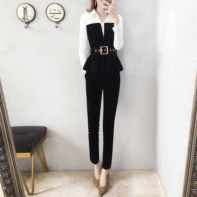 Chic Black and White Two-Piece Set - Women's Long Sleeve Blouse and Pants Office Siren Outfit - - Suits & Sets - Carvan Mart