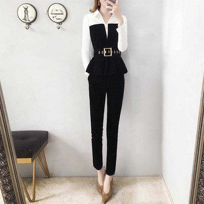 Chic Black and White Two-Piece Set - Women's Long Sleeve Blouse and Pants Office Siren Outfit - Carvan Mart