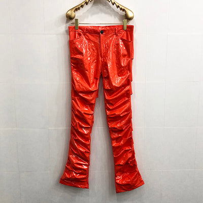 Mirror Fit Pleated Flare Leather Pants - Trendy Unisex PU Leather Pants - Orange - Men's Pants - Carvan Mart