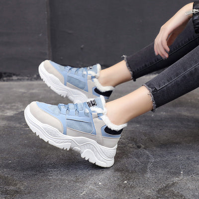 Women Thick Sneakers - Stylish Lace-Up Flat Platform Shoes with Plush Lining - Blue velvet - Women's Shoes - Carvan Mart