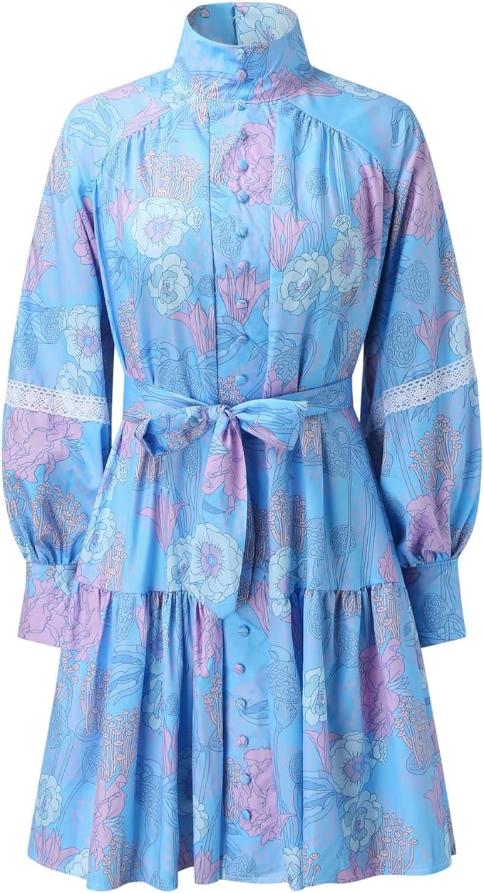 Plus Size Boho Dress Women's Plus Floral Print Print Contrast Lace Button Decor Lantern Sleeve High Neck Smock Dress With Belt - Carvan Mart