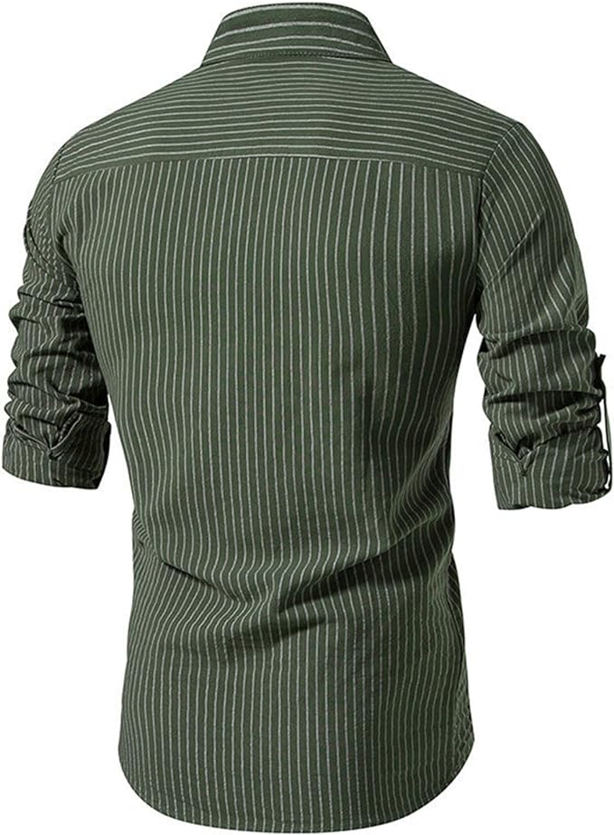 Men's Long-Sleeve Striped Button-Down Shirt - Elegant Cotton Dress Shirt for Any Occasion - - Men's Shirts - Carvan Mart