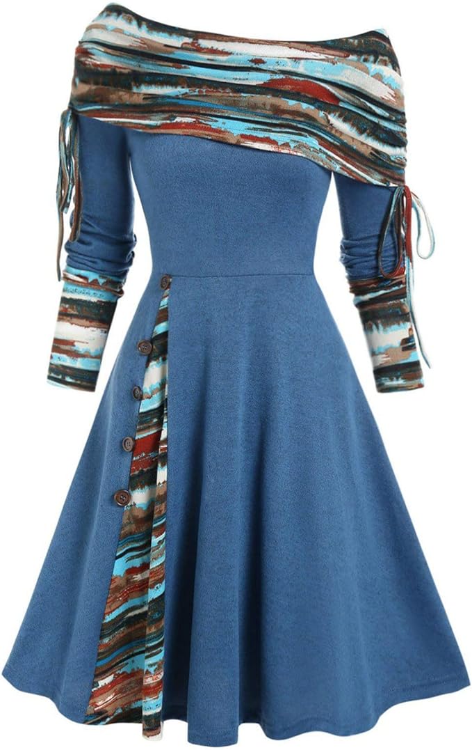Women's Convertible Neck Cinched Striped Flare Waist Large Swing One Shoulder Long Sleeve Dress - Blue - Dresses - Carvan Mart