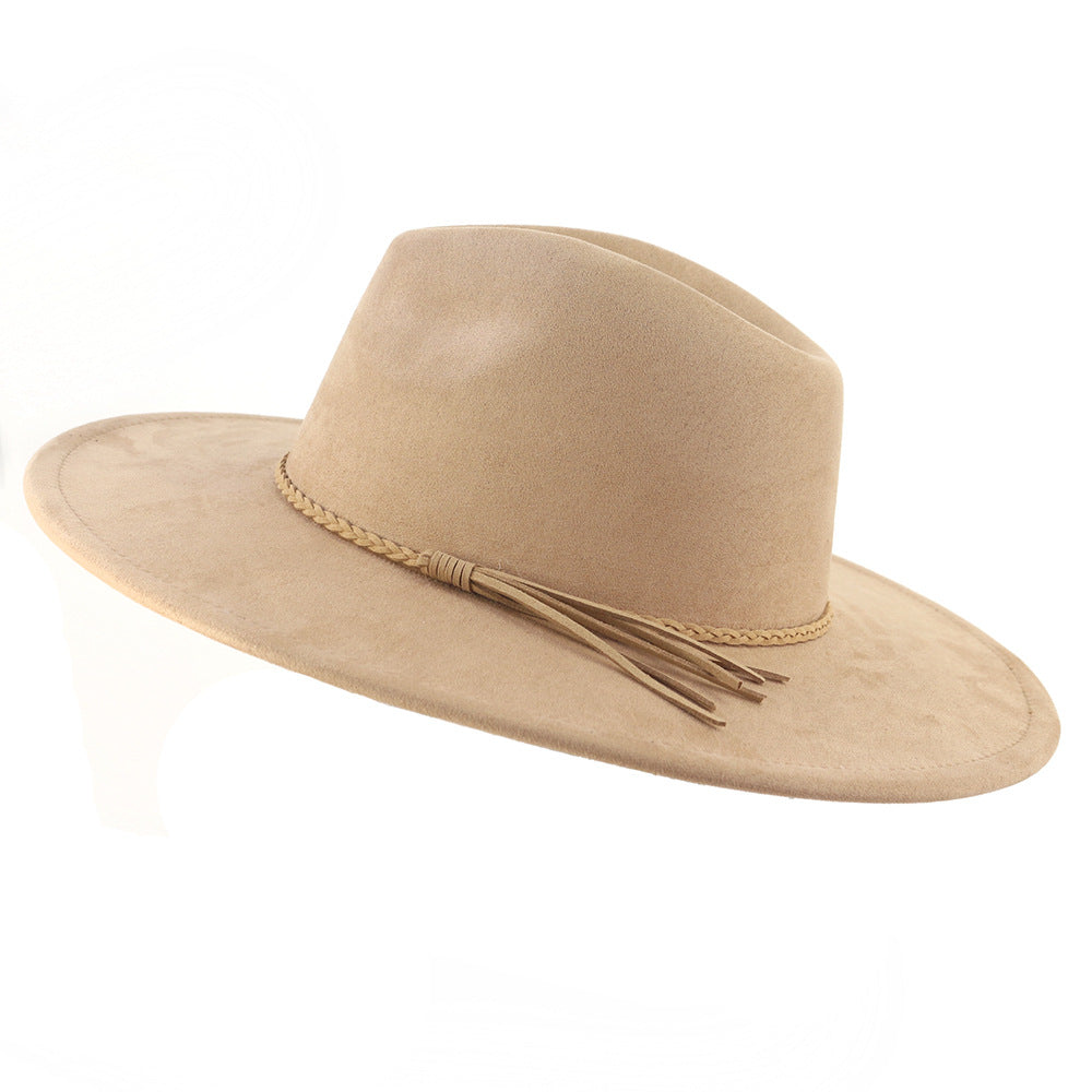 Jazz Women's 10cm Brim Suede Peach Top Tassel Hat - Carvan Mart