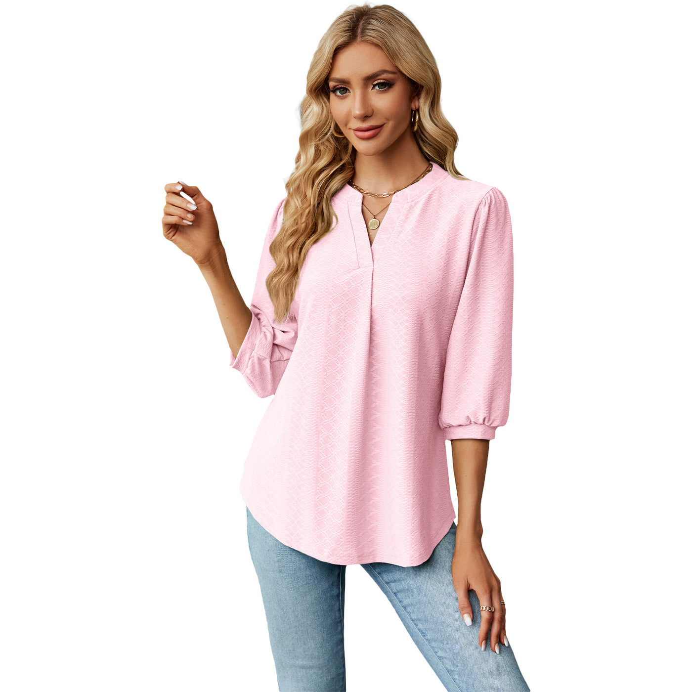 Solid Color Lace Collar Jacquard Long Sleeve Loose-fitting T-shirt Top - - Tops & Tees - Carvan Mart