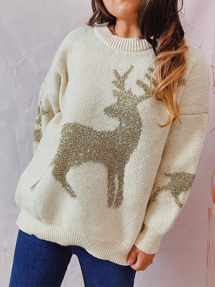 Women's Fashionable Loose Gold Jacquard Deer Pattern Round Neck Sweater - Carvan Mart