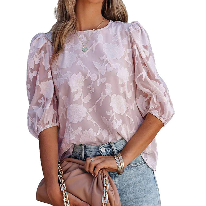 Women's Puff Sleeve Chiffon Loose Top Flower Texture Shirt - Pink Purple - Tops & Tees - Carvan Mart