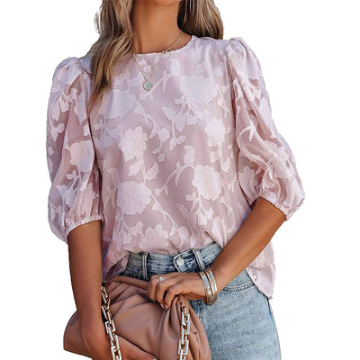 Women's Puff Sleeve Chiffon Loose Top Flower Texture Shirt - Carvan Mart