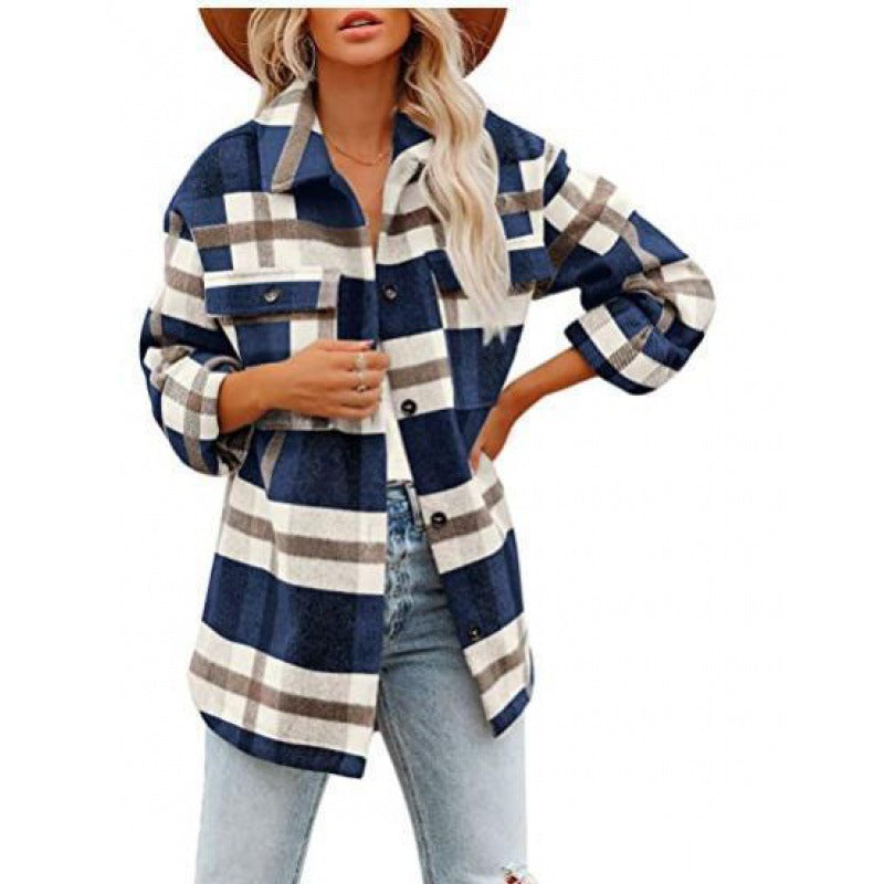 Women's Fashionable Woolen Plaid Shirt Jacket - Carvan Mart