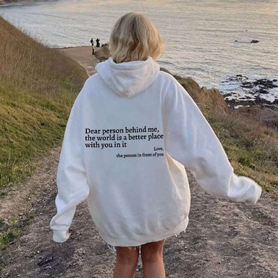 Women's Plush Letter Printed Hoodie - Kangaroo Pocket Drawstring Pullover - White - Women's Hoodies & Sweatshirts - Carvan Mart