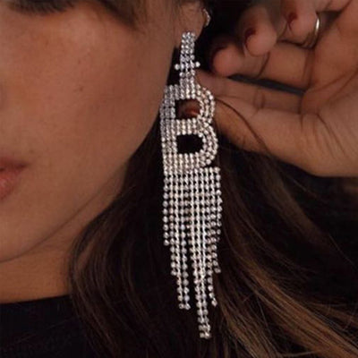 Fashion Jewelry 925 Silver Needle Ornaments Rhinestone Letter B Earrings Banquet Tassel Ear Ornaments Earrings - Golden - Earrings - Carvan Mart