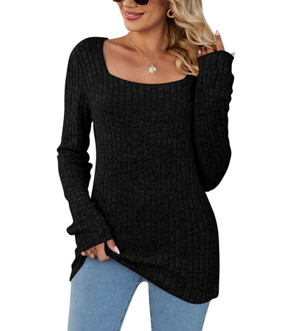 Square Collar Sunken Stripe Brushed Women's Casual Long Sleeve - Carvan Mart