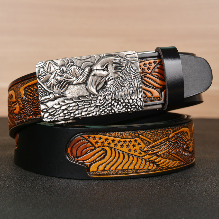 Men's Fashion Belt Eagle Wings Embossing - Black Ancient silver buckle - Men's Belts - Carvan Mart