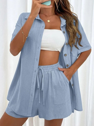 Solid Simple Two-piece Set, Elegant Short Sleeve Button Up Shirt & Drawstring Shorts Outfits, Women's Clothing - Carvan Mart