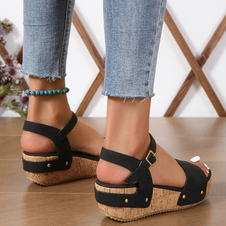 Roman Wedge Sandals For Women Rivet Buckle Strap Thick Platform Shoes Summer - - Women's Sandals - Carvan Mart