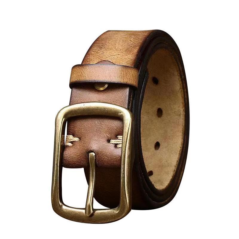 Men's Cowhide Vintage Distressed Pleated Brass Buckle Belt - - Men's Belts - Carvan Mart