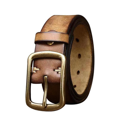 Men's Cowhide Vintage Distressed Pleated Brass Buckle Belt - Carvan Mart