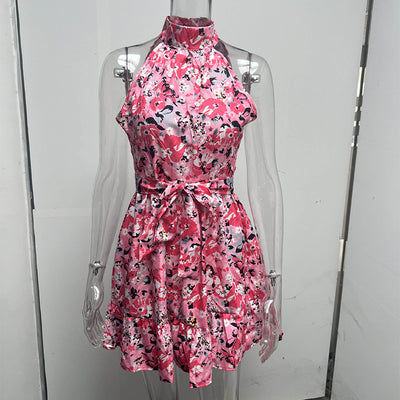 Halter Neck Summer Dress Temperament Lace-up Ruffled Dresses For Women - Carvan Mart