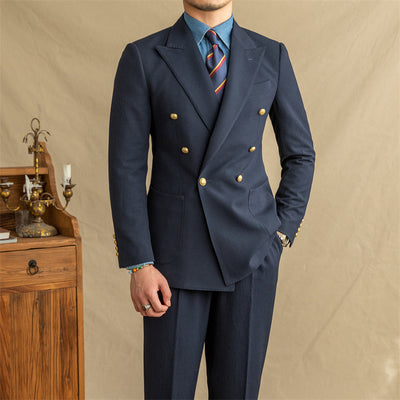 Breathable Seersucker Half-lined Non-iron Double-breasted Jacket - Navy Blue - Men Suits & Sets - Carvan Mart